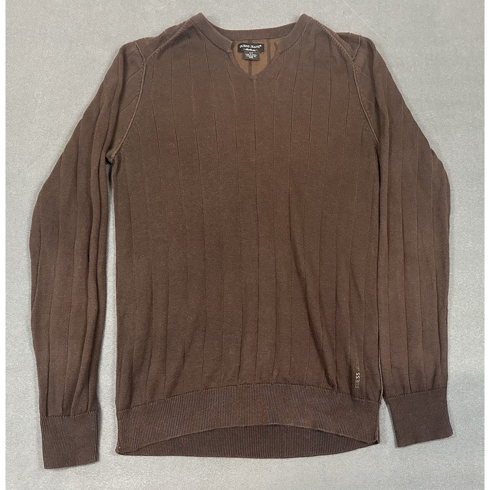 Guess Jeans Sweater Mens Size Small Brown V-Neck Lightweight Y2K
